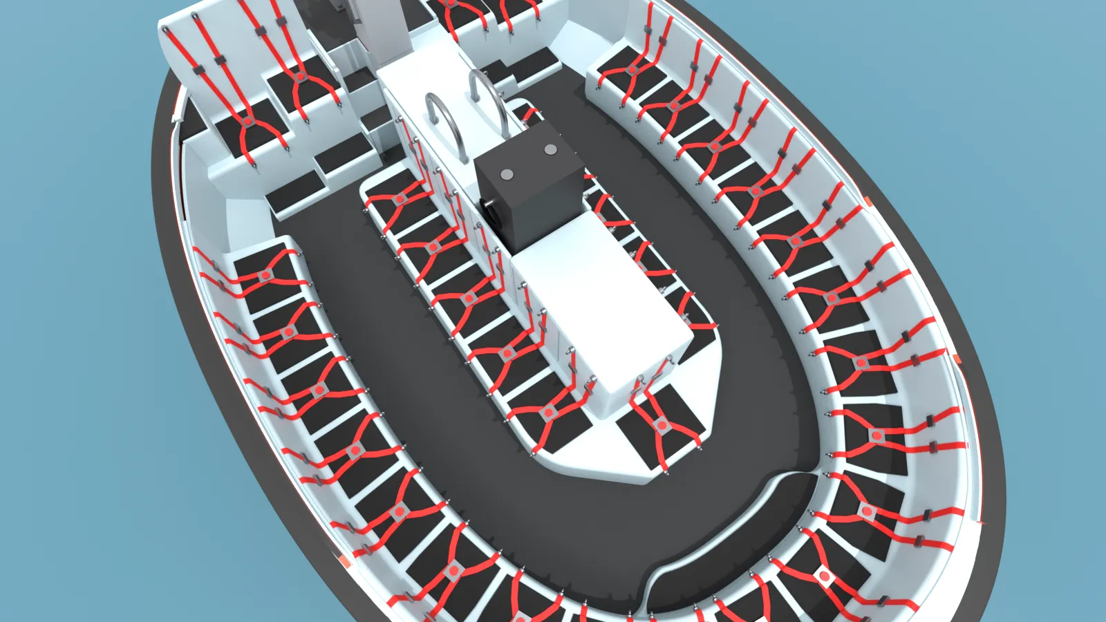 Cutaway render looking down into the lifeboat's seating with red harnesses