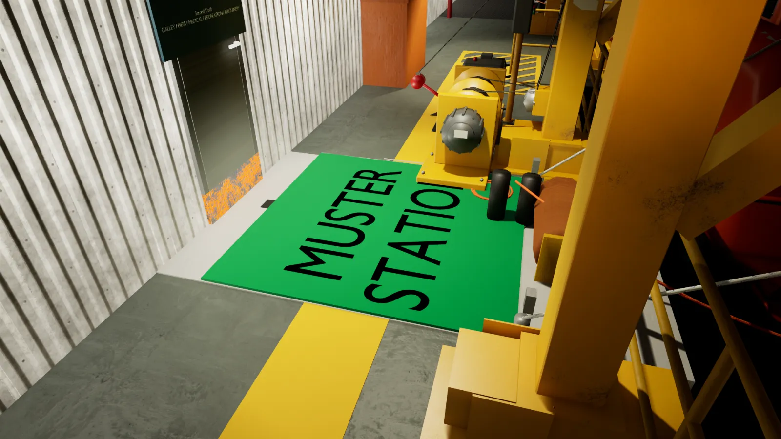 Unreal Engine frame of a green muster station marking on deck beside a lifeboat davit winch