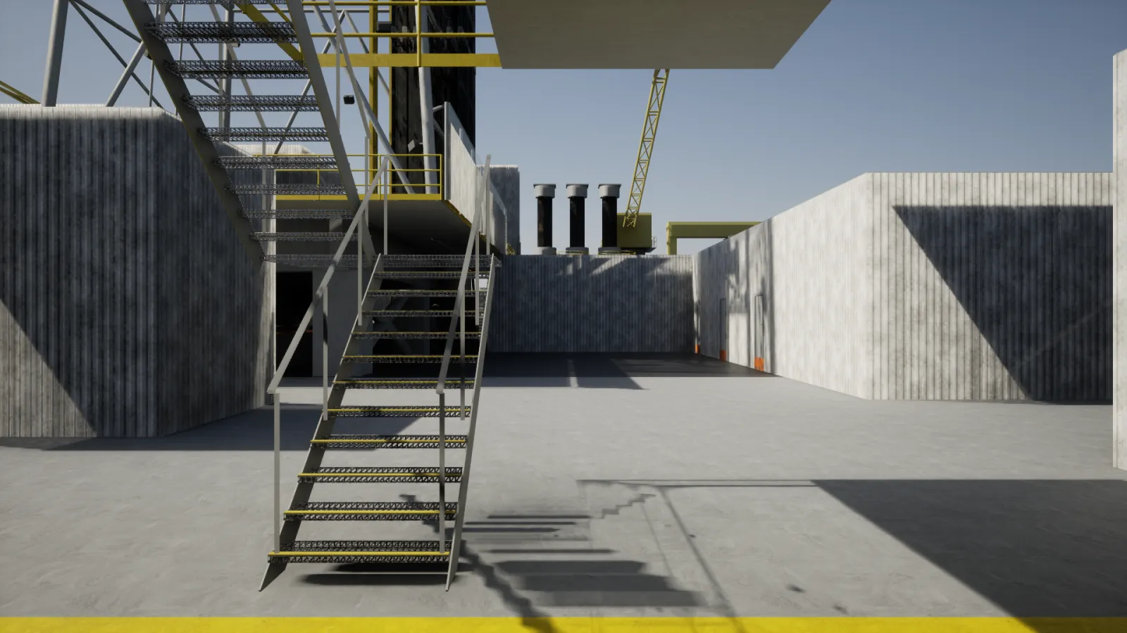 Unreal Engine frame of an open platform deck with a steel stairway, exhaust stacks and a crane